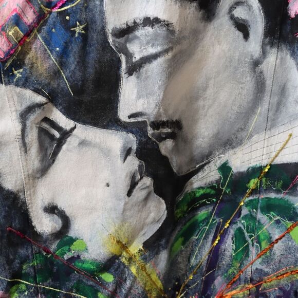 Vintage 80s Sport Deco Hand Painted Hollywood Denim Jacket Sequins Medium - Picture 6 of 16